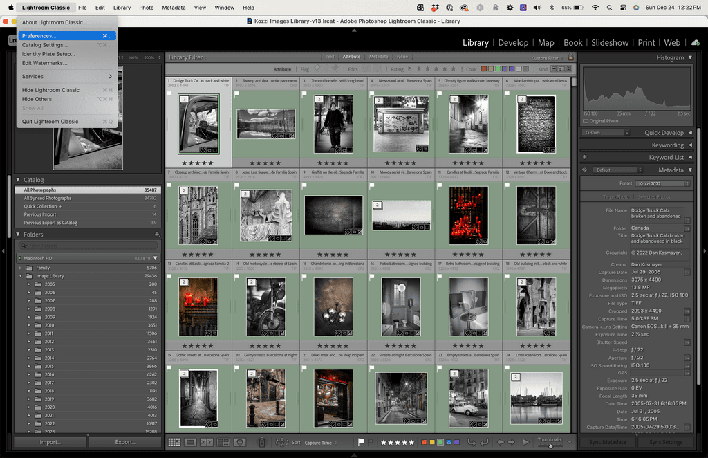 Selecting the 'Preferences' menu in Lightroom Classic from the ‘Edit’ menu on Windows or the ‘Lightroom Classic’ menu on Mac to access various settings.