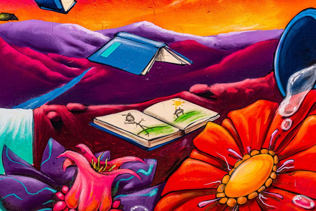 Surreal graffiti mural featuring books, flowers, and vibrant landscapes.