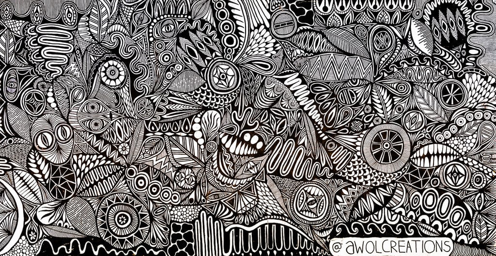 Intricate black and white abstract doodle art.