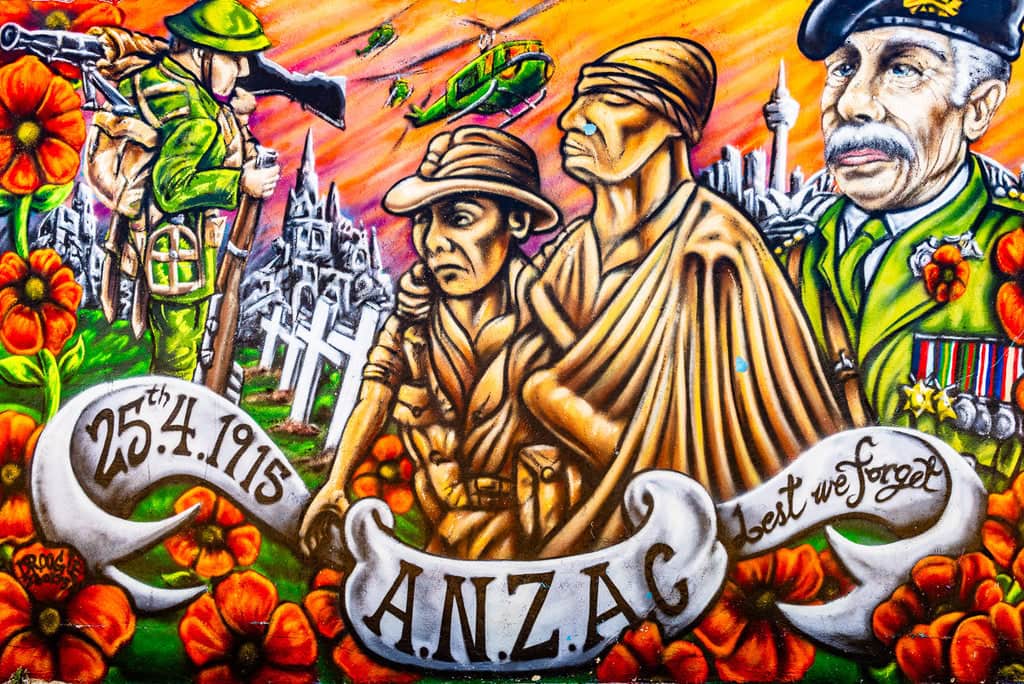 Graffiti mural commemorating ANZAC soldiers with vivid details.