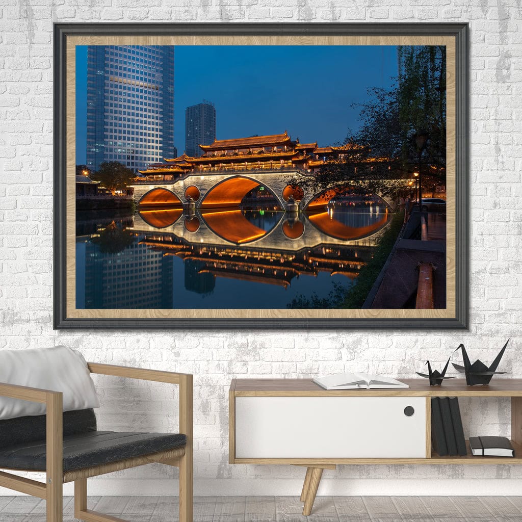 Wall art of serene urban landscapes.