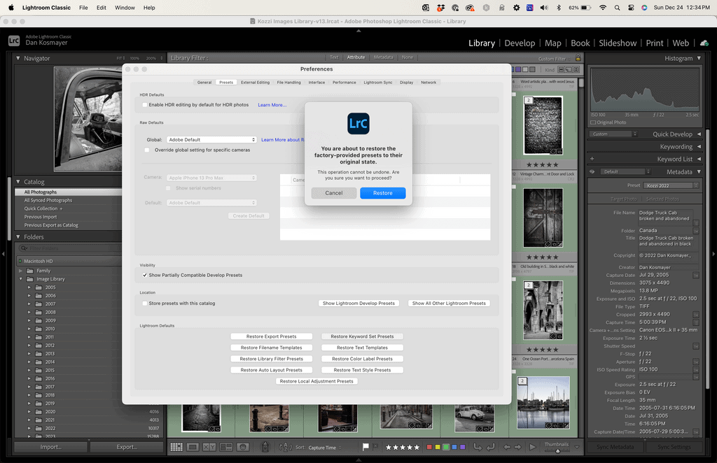 Confirmation dialog after clicking ‘Reset Preferences’ in Lightroom Classic, followed by the necessary restart to apply changes and load default settings.