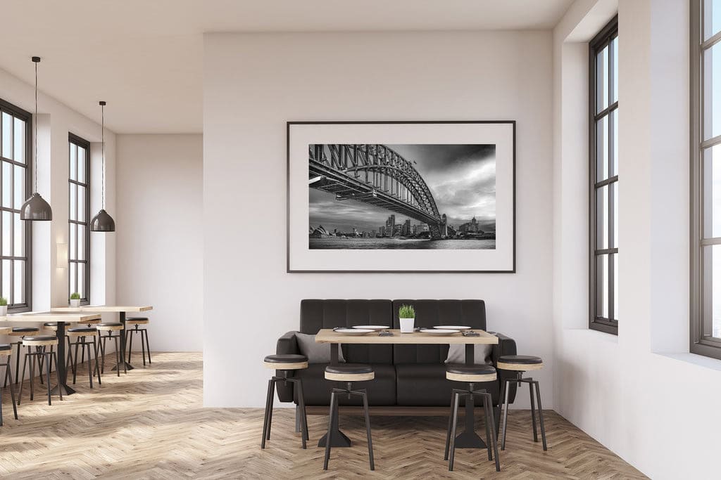 Wall art featuring iconic urban skylines.