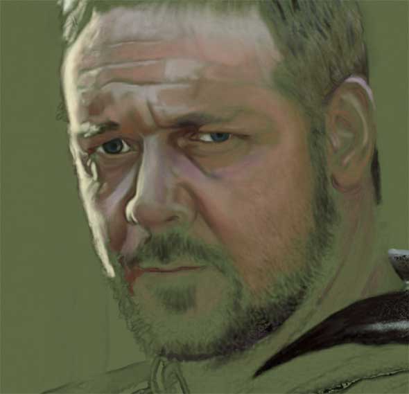This shows the painting at an early stage. You're looking at three layers at once here: line art, painting, and background color.