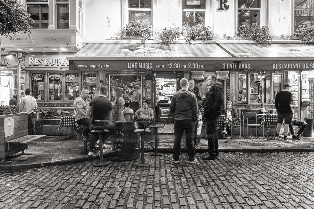 Captured with a tripod at f/8, a 2.5-second exposure, and ISO 100, this scene outside an Irish pub blends sharp focus with subtle motion blur, showcasing the vibrant energy of the night.