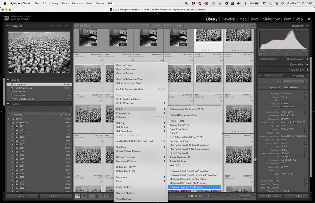 Selecting and opening images from Lightroom to Photoshop for focus stacking