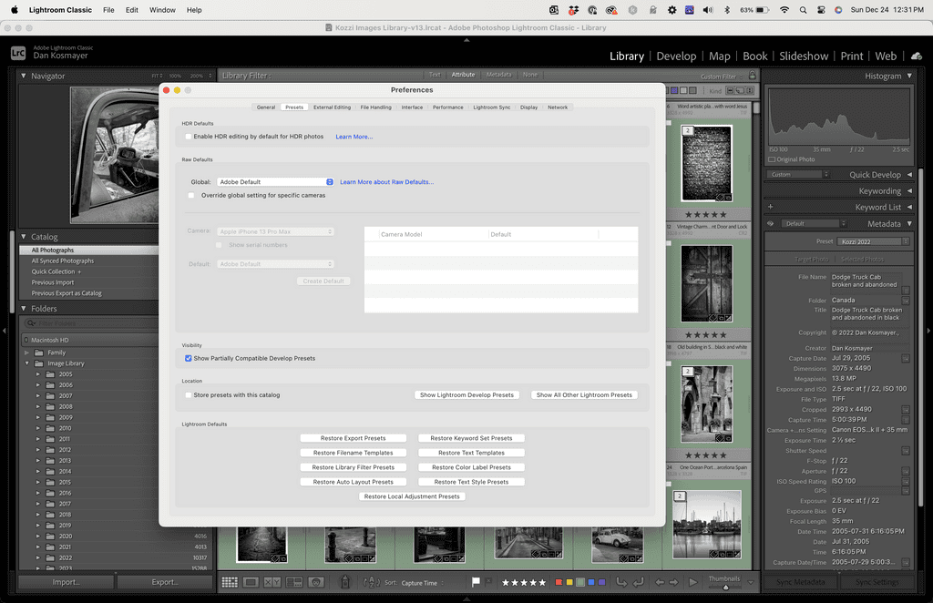 Navigation to the 'Presets' tab in Lightroom Classic, showing the 'Reset Preferences' button at the bottom.
