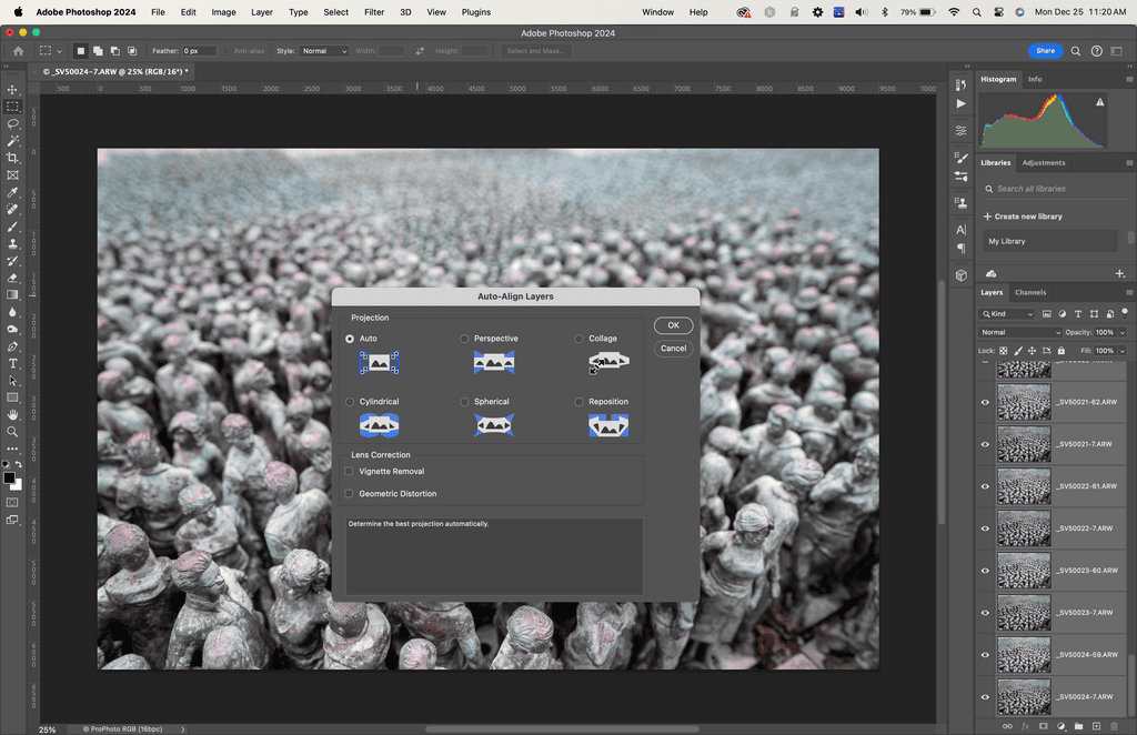 Selecting the 'Auto' option in the Auto-Align Layers dialog box in Photoshop