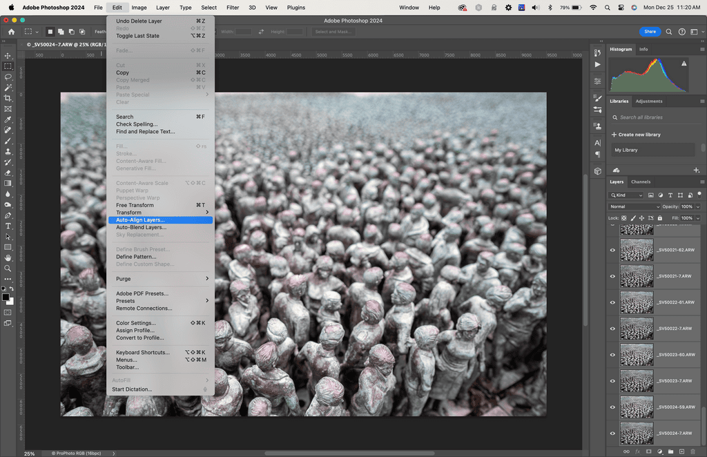 Accessing the 'Auto-Align Layers' feature in Photoshop's Edit menu