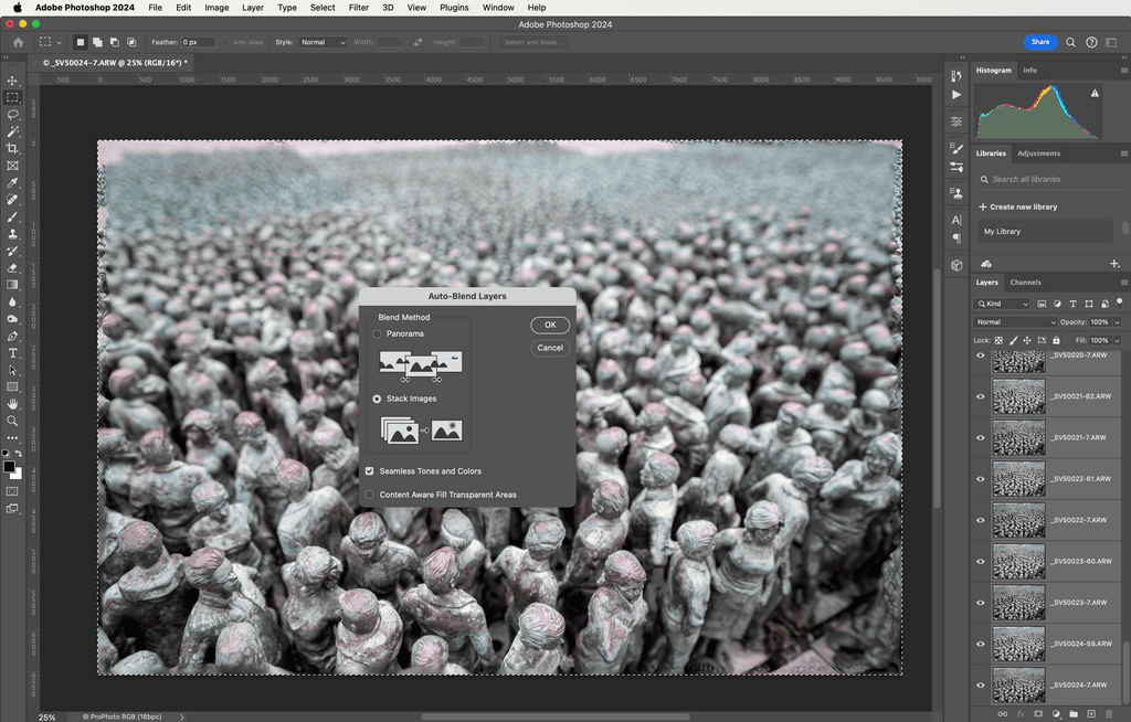 Choosing 'Stack Images' and 'Seamless Tones and Colors' in Photoshop's Auto-Blend Layers dialog box.