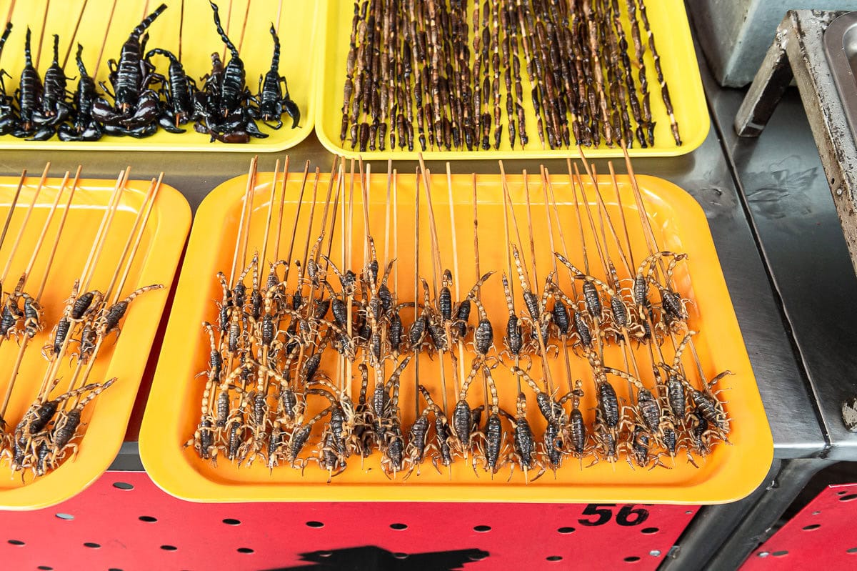 Scorpions and grass hoppers cooked on a skewer Beijing China food market