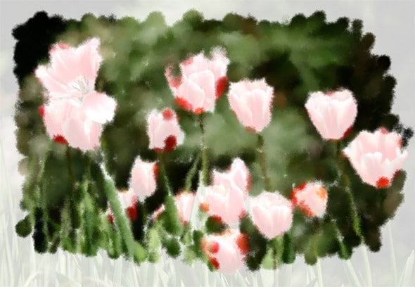 Step One: loosely sketch in the background with the Art History Brush. The original image is barely seen through the tracing paper layer.