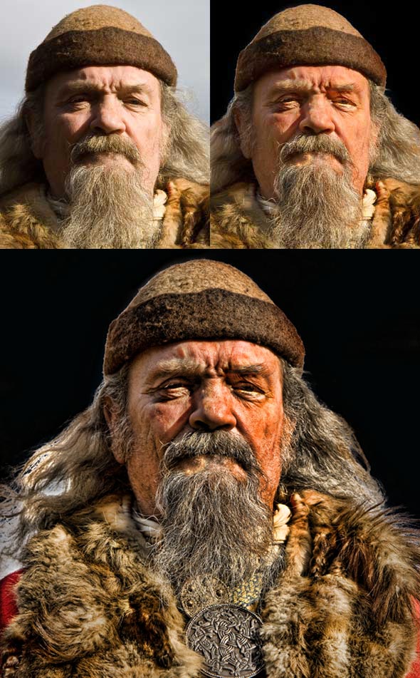 Three steps along the way: the original (upper left), lighting adjusted in Part 1 and 2 (upper right), and after applying Topaz Adjust filter (bottom).