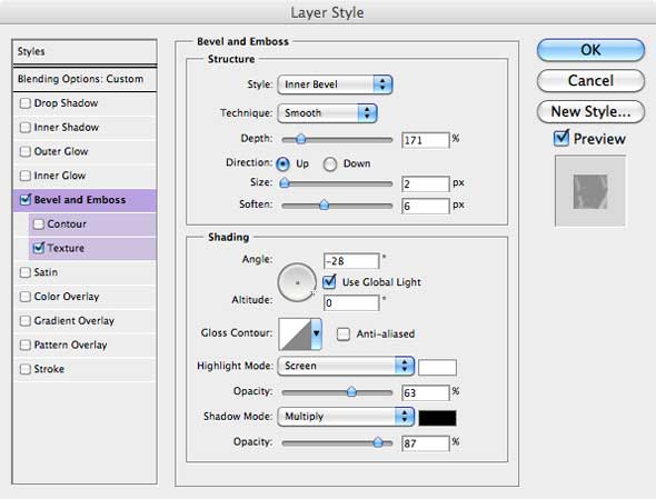 The Layer Styles dialog box, with the Bevel and Emboss and Texture options checked.