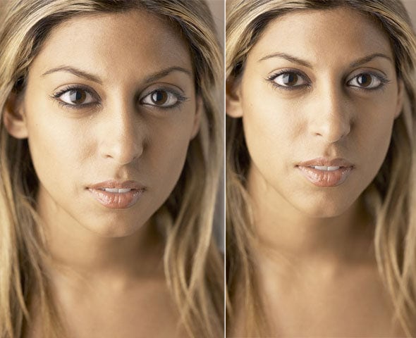 My, what big eyes you have! When the camera is very close to the subject, distortion such as this (left) can happen. On the right, the image has been corrected with Photoshop's perspective tool.