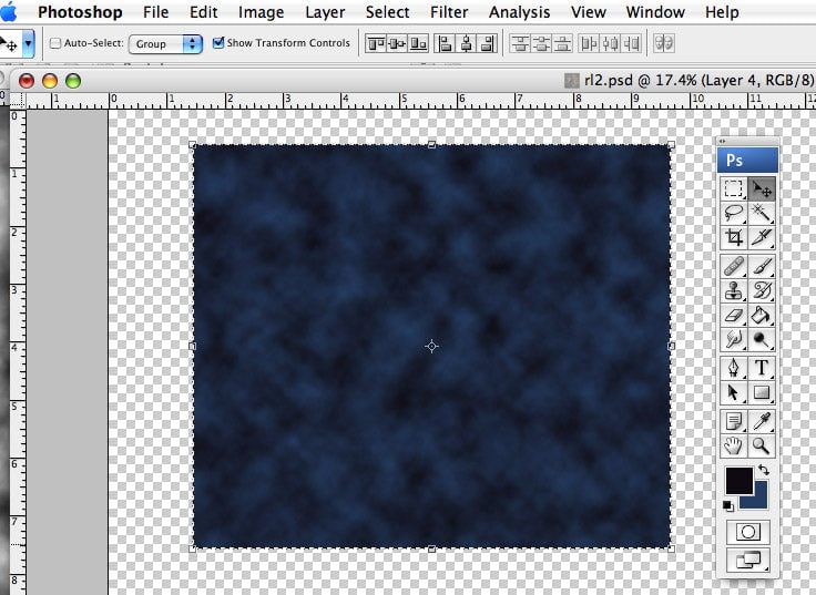 After drawing out the rectangular selection, apply the Clouds filter. Then hit the V key, and click the checkbox (shown) for Show Transform Controls.
