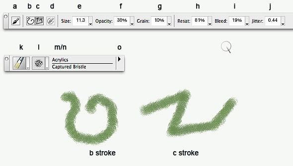 The Property Bar (top) and the Brush Selector (middle), along with some sample strokes.