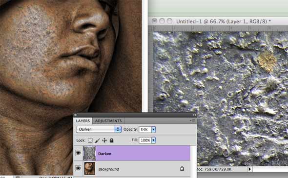 The first texture image is added as a layer. The blend mode is Darken. Notice the opacity is turned down about half-way.