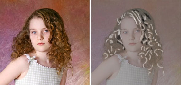 The original photo shows a very complex head of hair. On the right, I show how I break it down into areas of dark, light, and midtone.