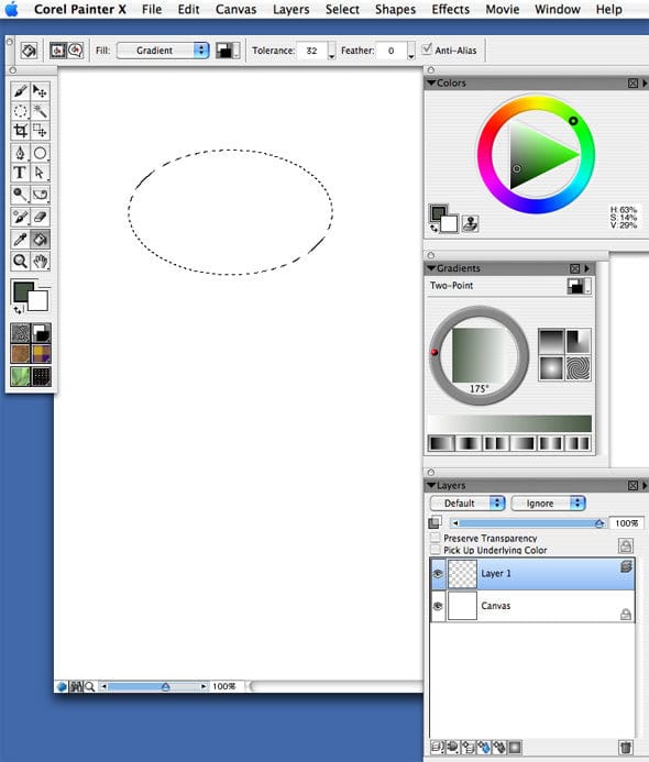 Step One: create an oval selection on an empty layer.