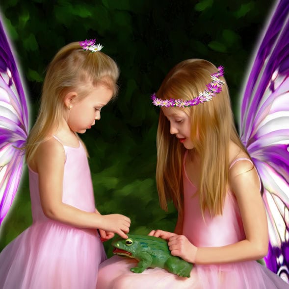 A close-up of the final painting. Note the glow around the wings, and daisies added with the Image Hose.