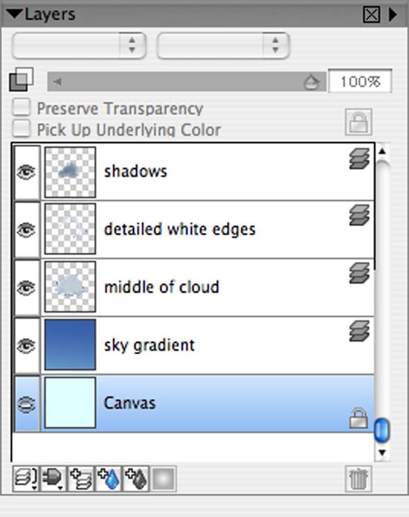 I use a separate layer for the sky gradient, though I could have just created it on the Canvas layer. Notice that the Detailed White Edges (the highlights) are between the other two cloud layers.
