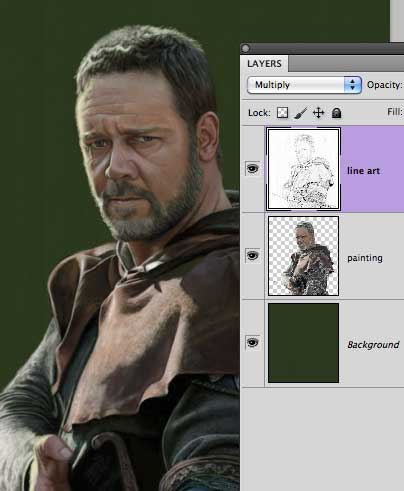 Use three layers, keeping the painting separate from the line art and the canvas.