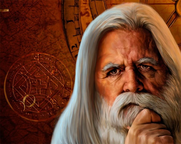 In this close-up of my painting of Merlin, note the engraved markings on the wall behind him. Photoshop makes it possible to create detailed 3D effects from 2D line art.