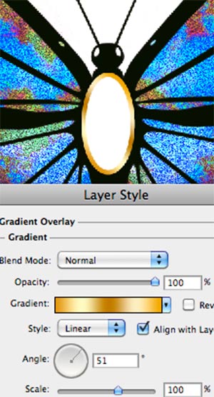 The gold setting created by applying a Gradient Overlay to the black oval.