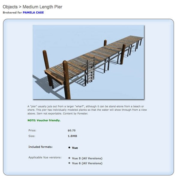 A lovely, weathered dock or pier, available from Cornucopia 3D.