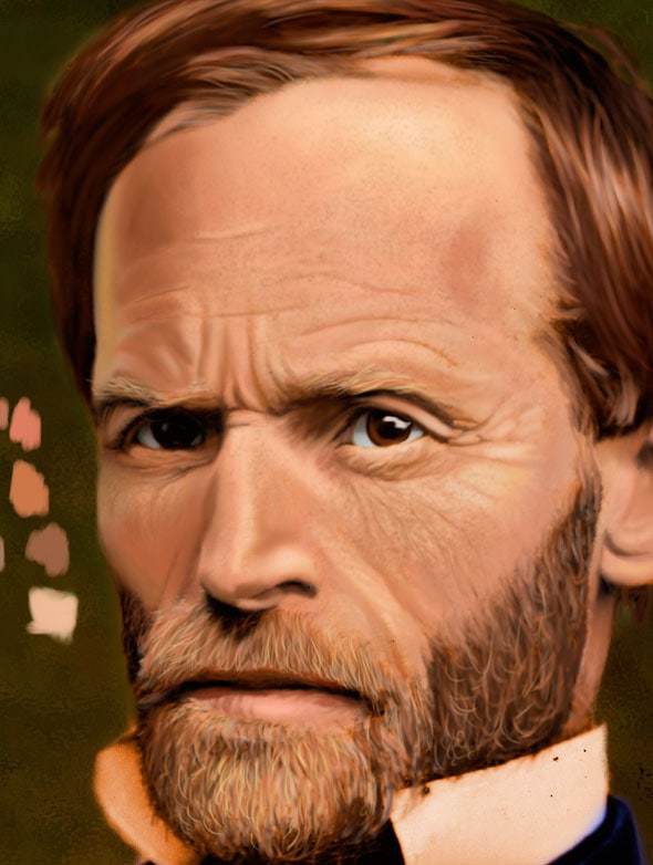 A close-up, showing the wrinkles and freckles, etc. 