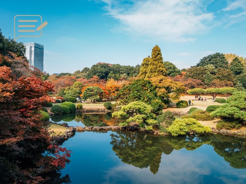 Shinjuku Gyoen National Garden in Tokyo – vibrant autumn colors reflecting over a peaceful pond.