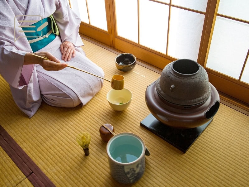 A serene moment during a traditional Japanese tea ceremony, capturing the elegance and precision of this timeless ritual.