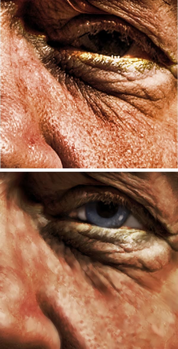 Zoomed in to actual pixels size, you can see some of my painting technique.