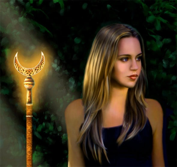 Close-up showing face, highlights on hair, and glowing staff.
